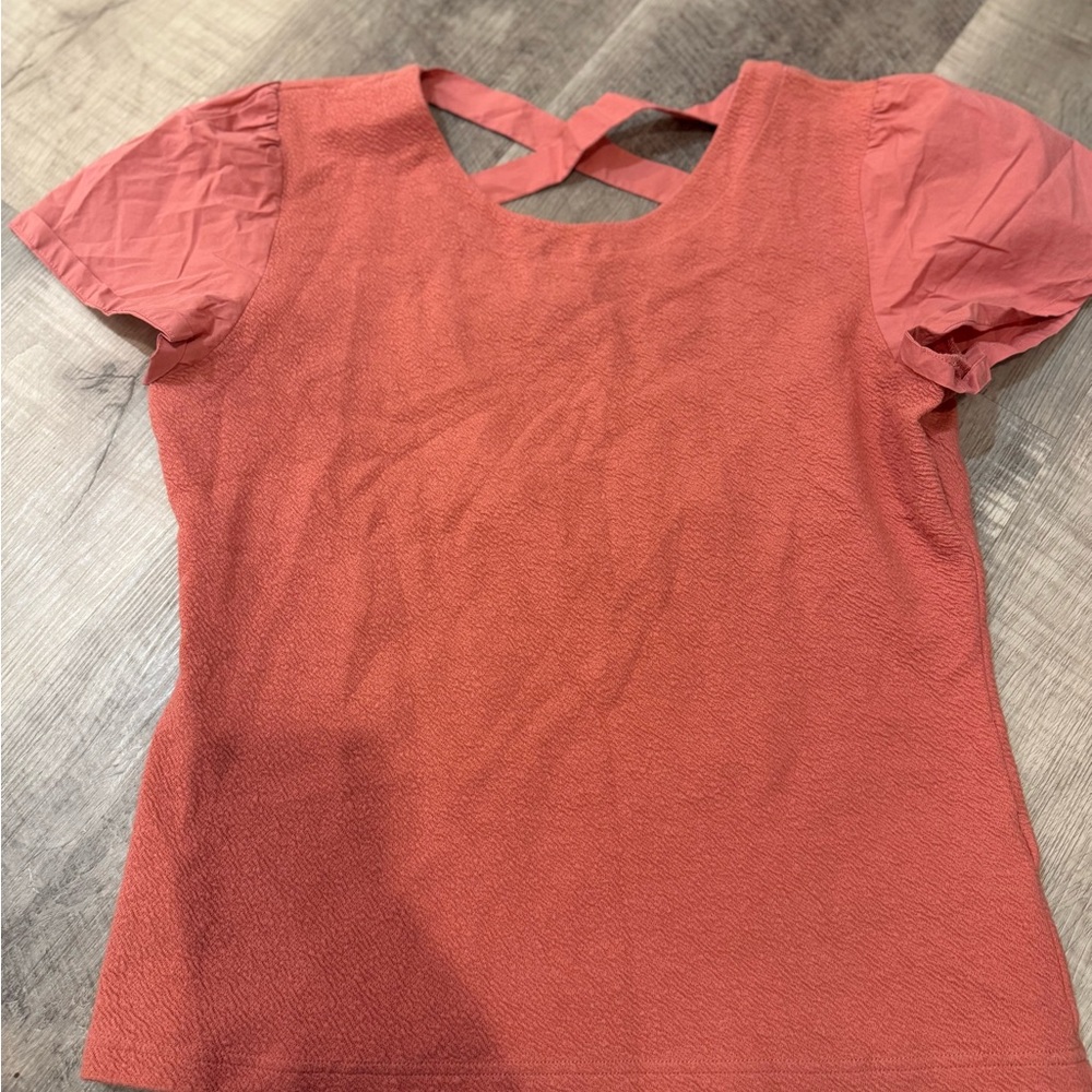 By Anthropologie Mixed Media Puff‎ Sleeve Top - Criss Cross Back - Size L